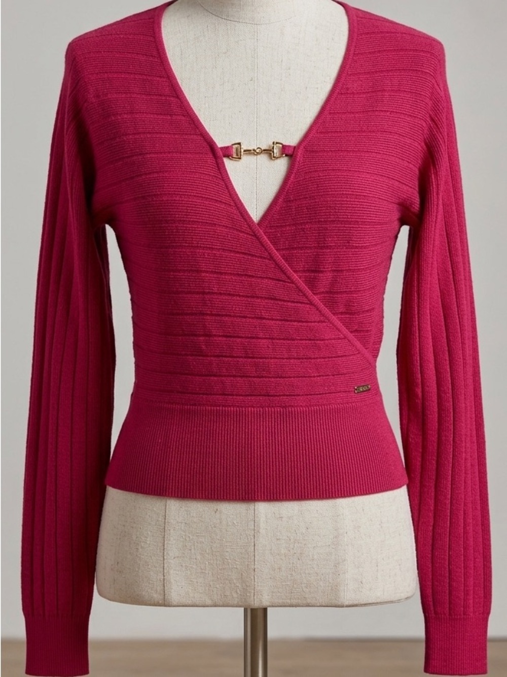 GUESS Raspberry Red Ribbed Crossover Sweater with Gold Accent